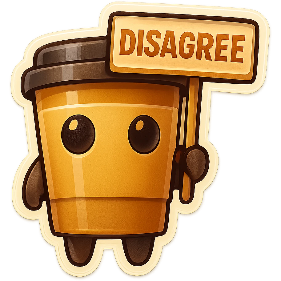 Tall coffee cup, no mouth, holding sign "disagree" emoji