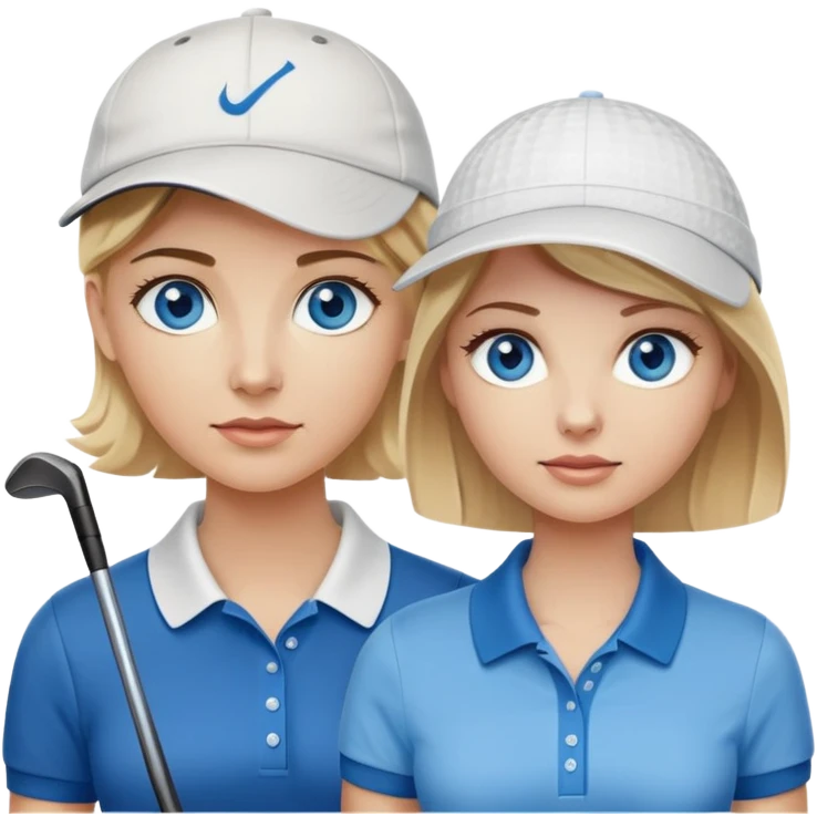 Blonde woman with blue eyes wearing hat playing golf with white man with brown hair and brown eyes wearing blue polo emoji