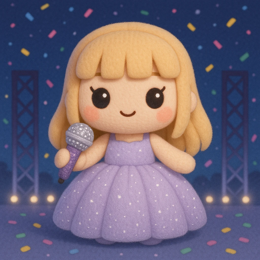 Pretty and girly Blonde pop star with bangs wearing a sparkly tulle light purple ballgown, holding a bedazzled microphone, reimagined as a soft kawaii plushie doll, with a nighttime concert backdrop with colorful confetti emoji