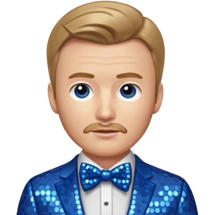 Chris Evans with dark blonde hair, blue sequin suit with bow tie emoji