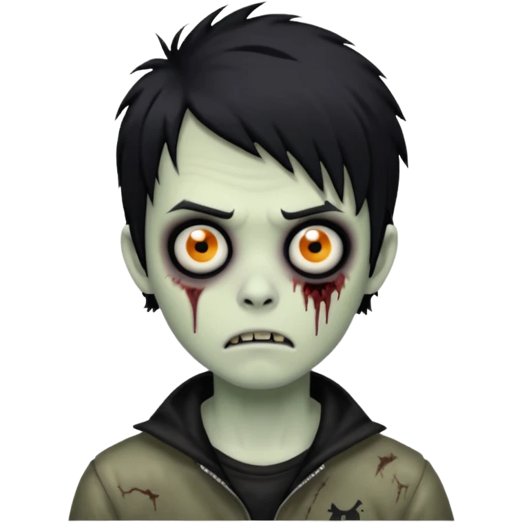 zombie boy, black shaggy hair, emo look, dark circles under eyes, spooky and creepy expression emoji