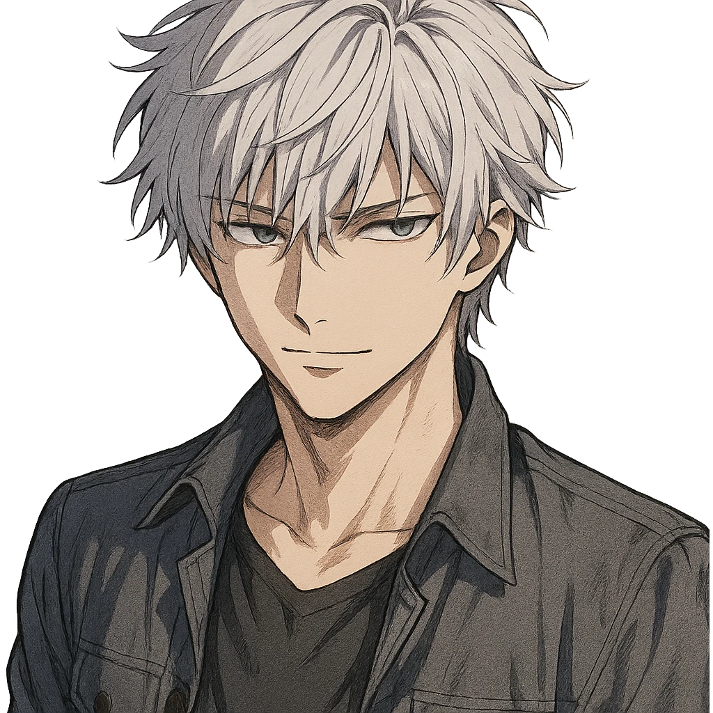 male anime character with silver hair, slightly tousled hairstyle, mysterious expression, detailed anime style, no background emoji