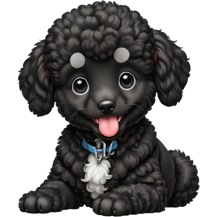 A high-resolution square-format digital illustration of a black poodle puppy in a clean, emoji-inspired semi-realistic style. The poodle is shown from the chest up, facing forward with a slight tilt of the head to the left, tongue out playfully. emoji