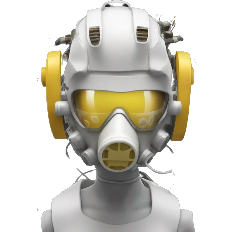 Dark yellow Mohawk female cyborg head with white respirator mask and circuits emoji