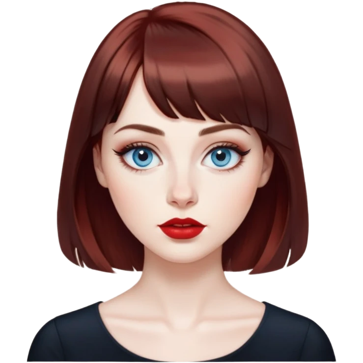 Artistic woman with pale skin, oval face, large blue eyes with eyeliner, thin eyebrows, small nose, red lipstick, dark auburn hair with bangs and slight waves, wearing a stylish black top, creative expression emoji