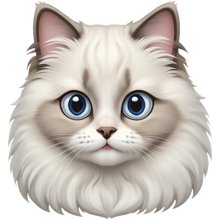 cinematic-adorable-big-eyed-fluffy-ragdoll-cat-portrait-emoji,-head-tilted-playfully-with-a-sweet-expression,-fluffy-white and grey-fur,-simplified-yet-irresistibly-cute-features-with-large,-expression, Large blue eyes emoji