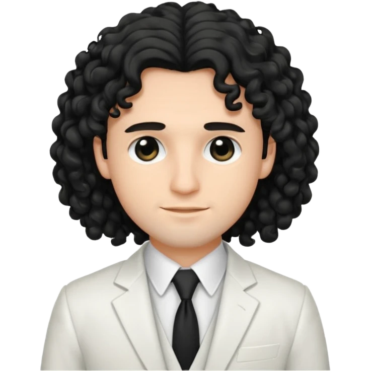 Cockasian guy with black long curly hair and black eyes wearing a White simple suit guy  emoji