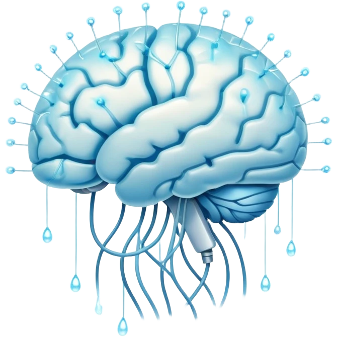 Floating pearl and light blue capsule orbiting around a translucent brain with bright sparks connected to a glowing neural network, all wrapped in a soft fog representing mental focus emoji