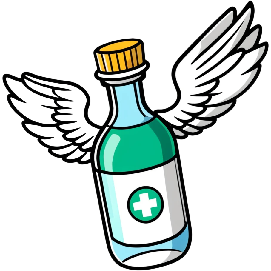 Medicine bottle with wings flying through the air emoji