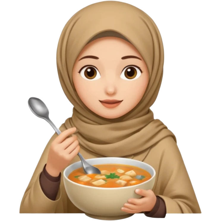a woman wearing a pashmina hijab is eating while holding a spoon emoji