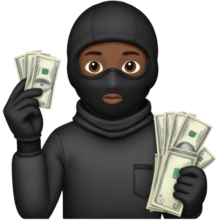 Ski mask holding money bag with black face like skin color black emoji