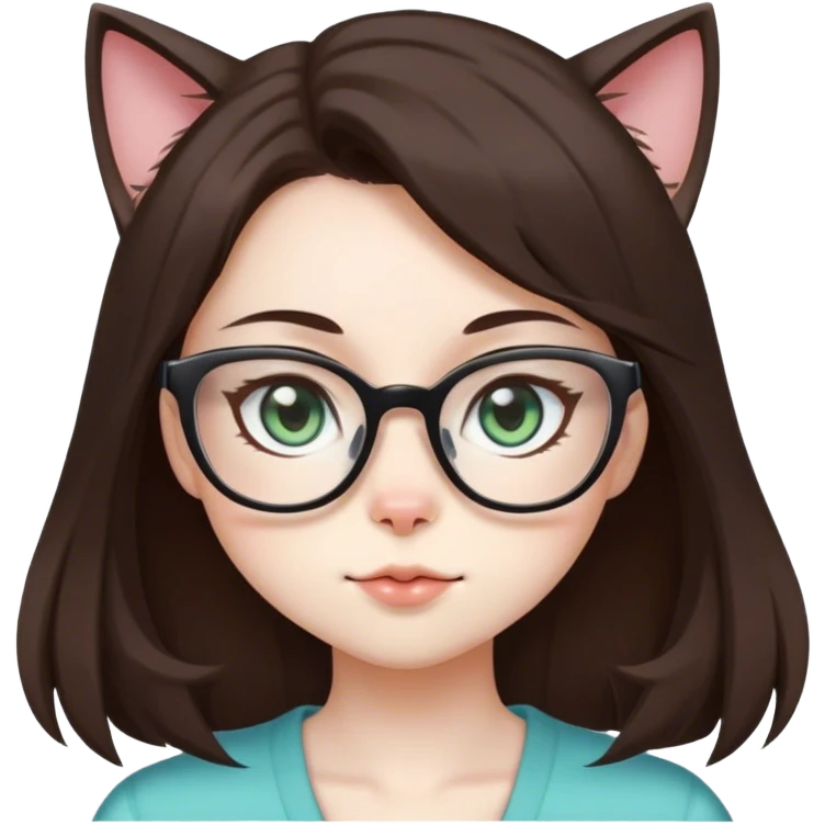 Anime, cat-lady, dark brown hair, square glasses, hazel-green-blue eyes, pale skin emoji