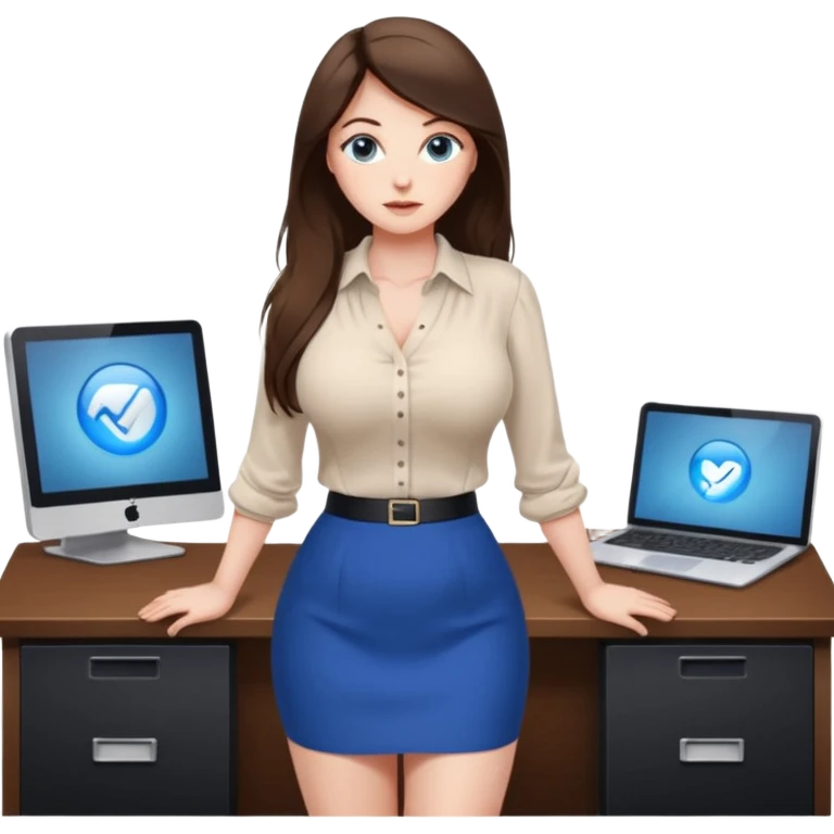 sexy woman brunette, very large breasts, pale skin, blue eyes, long brown hair, white blouse, short black skirt. office.  emoji