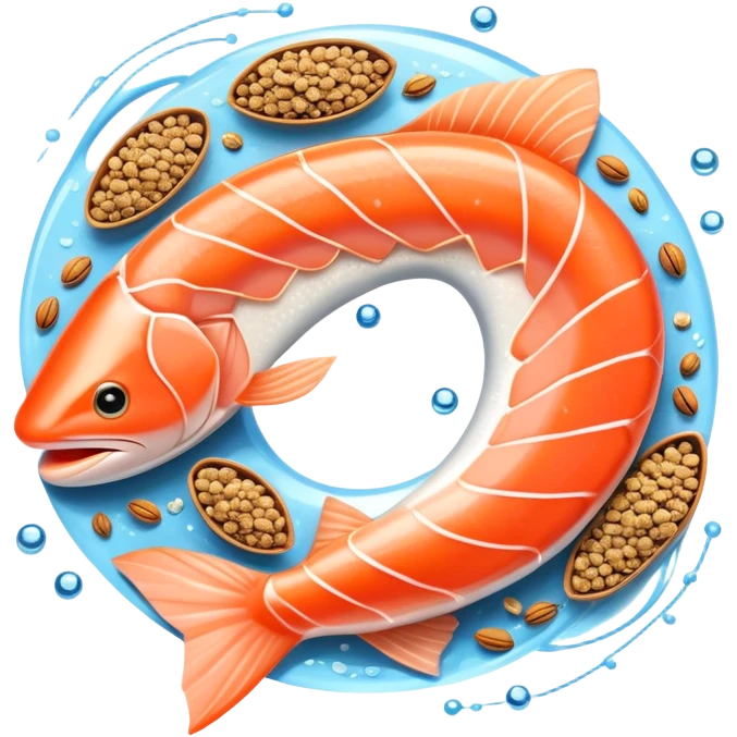 Floating arrangement of omega-3 rich foods: fresh salmon fillets, walnuts, flaxseeds, chia seeds and omega-3 capsules, all emitting a soft golden glow. The foods orbit around a central shimmering omega symbol, with gentle flowing energy connecting them. emoji