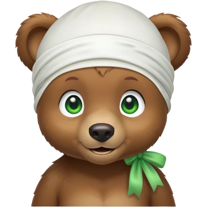Playful brown bear cub in a white silk durag with a slight smile and bright green eyes, iOS emoji style emoji