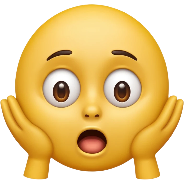 A 3D glossy yellow emoji of a shocked horrified face with no nose, with mouth and eyes are wide open, eyebrows  raised, and hands against their cheeks, black background, high quality, soft studio lighting emoji
