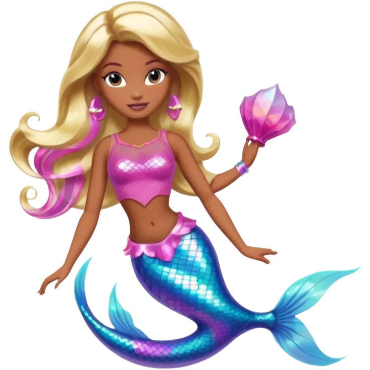Brown skin blonde hair barbie mermaid with holographic tail and pink  in hair emoji