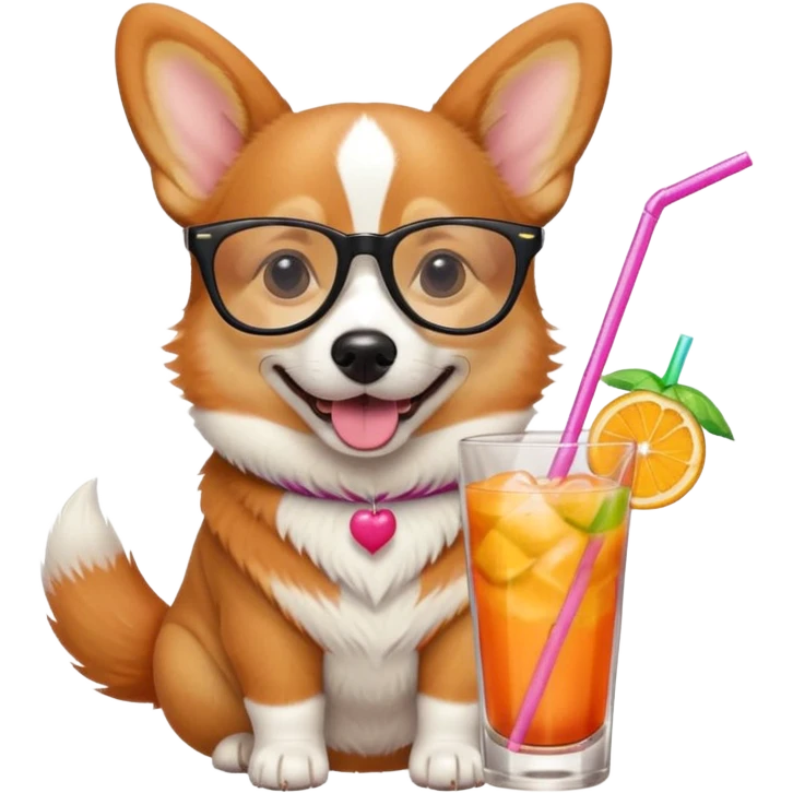 cute corgi dog wearing stylish glasses, happily sipping a colorful cocktail drink through a straw, emoji style emoji