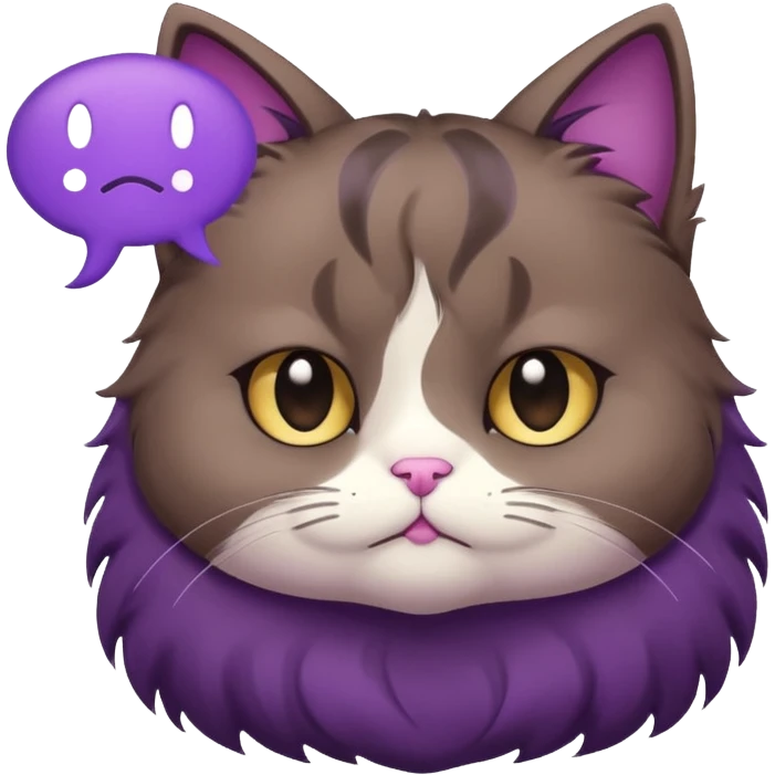 a dark-brown fluffy cute kawaii anime cat thinking frowning thoughtfully, saying “hmm” with a purple speech bubble emoji