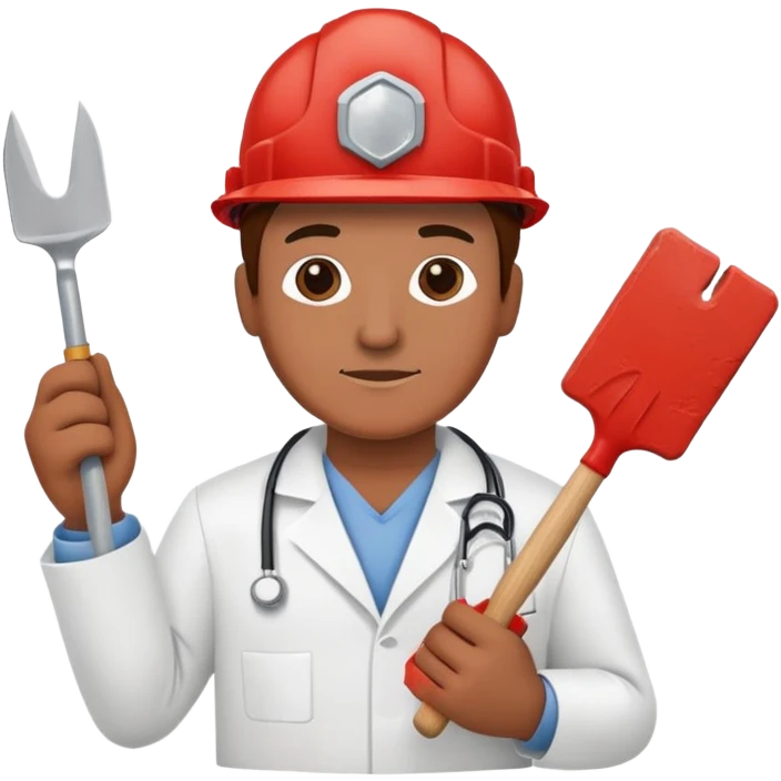Brick mason wearing a hard hat but in a doctors gown emoji holding a red brick and a brick trowel emoji