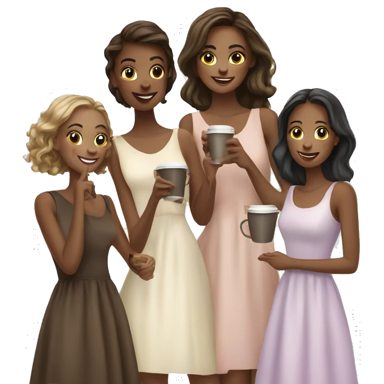 Four beautiful girls in dresses have coffee emoji