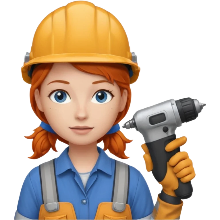 A ginger haired girl blue eyes, handyman Outfit, wearing a Helmet, with drill emoji