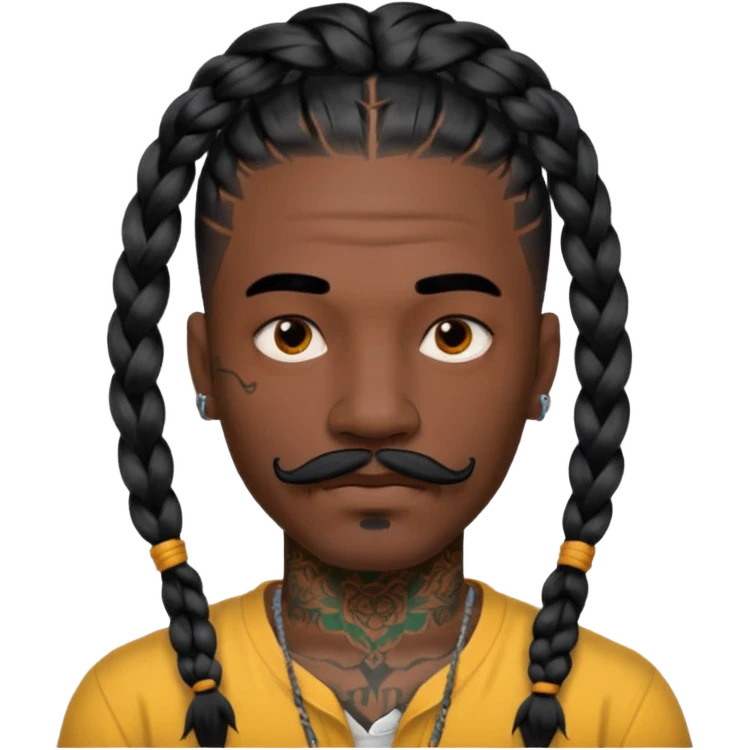 big lose braids starting from the top of the head man with mustache face wiith big visible loose only two braids and lots and lots of colored face tattoos colored tattoos like a tattoo artist hair unique color emoji