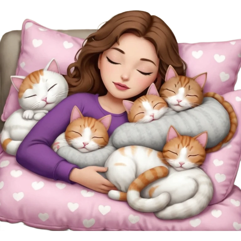girl with long wavy brown hair, brown eyes, long lashes makeup, sexy pink lips, light to medium complexion,  sleeping on a cozy pillow, with 6 cats: 1 brown and white tabby cat, 1 ginger and white, 2 grey and white, 1 grey with white mittens and small white patch on chest and 1 calico, sleeping emoji
