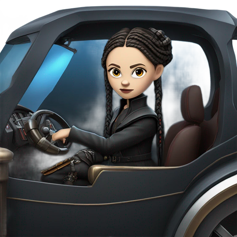 Jedi bounty hunter Wednesday Addams racing sitting in a modern blue,red and pewter steampunk electric luxury emoji