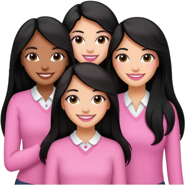 3 besties with professional glammed up looks wearing pink and white, medium skin tone smiling big with black long hair. Very girly  emoji