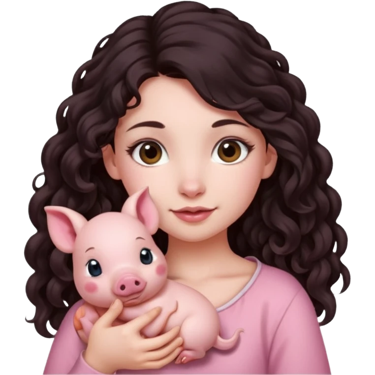 Ragazza bellissima capelli lunghi scuri con piccolo maialino emoji