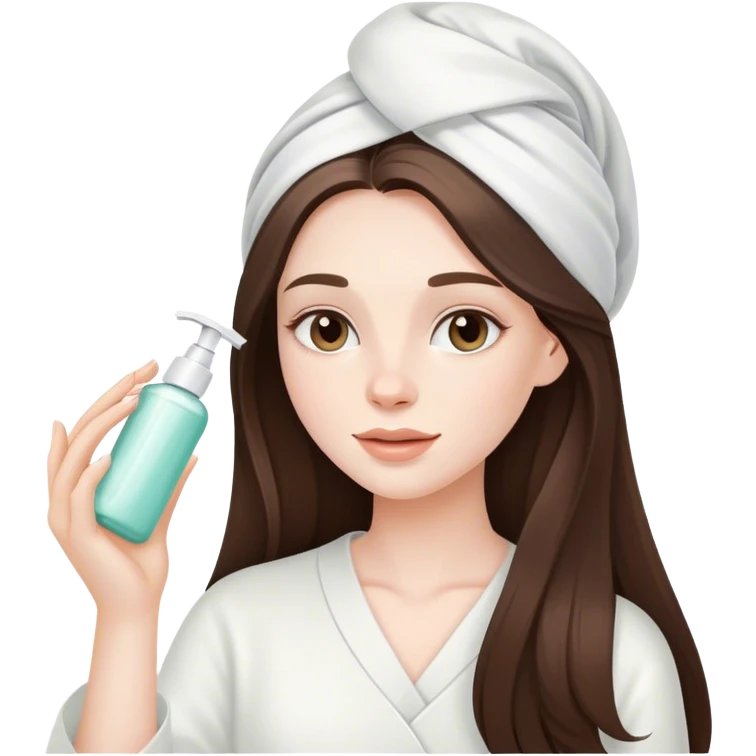 beautiful pale brunette girl with long hair doing skincare routine  emoji