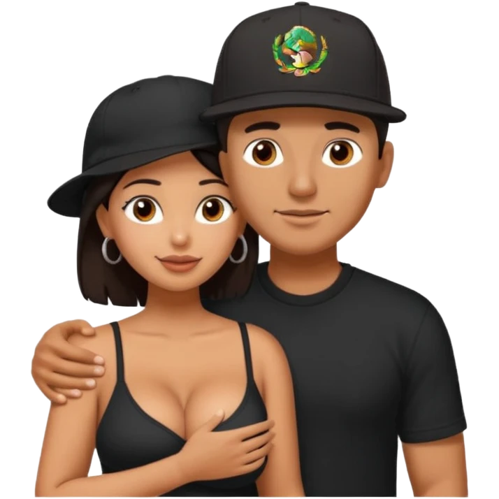 A picture of an embracing tanned couple. the man is a Mexican man with tanned skin, with a bald hair cut wearing a SnapBack hat and a black shirt. the woman has thick dark brown hair and with big naked boobs that he is grabbing emoji