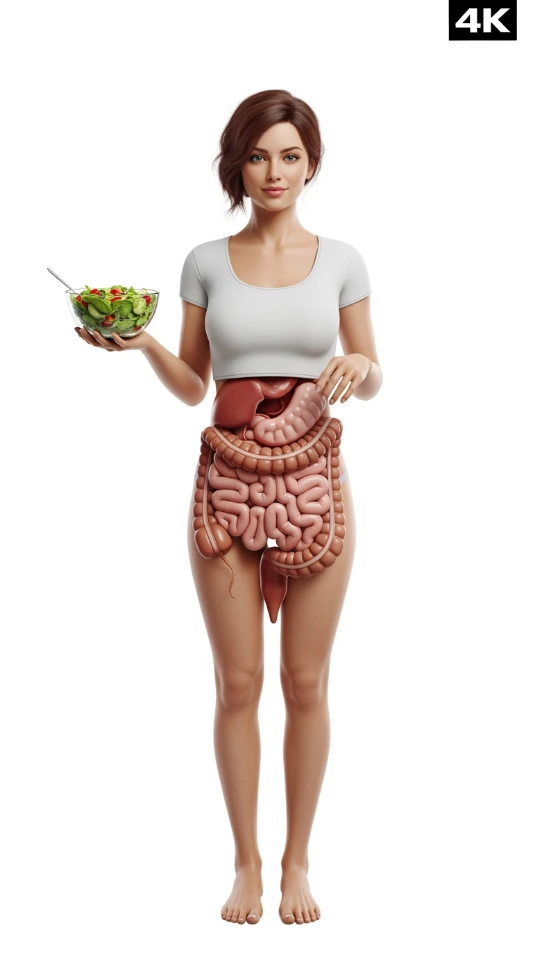 DONNA CON INTESTINO ANATOMICO IN EVIDENZA E BOWL DI INSALATA IN MANO, iperrealistico 4k, ISOLATA SU SFONDO BIANCO emoji