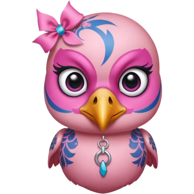 pink bird with piercings and excessive face tattoos and ribbon two eyes emoji