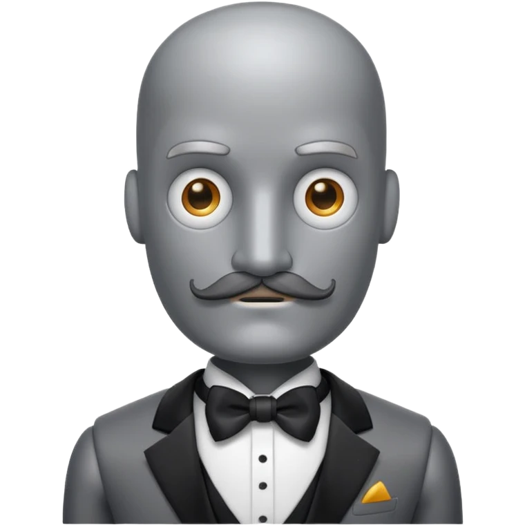 Gray Robot with a square head, no hair, no pupils, thick handlebar moustache, wearing a tuxedo, buff emoji