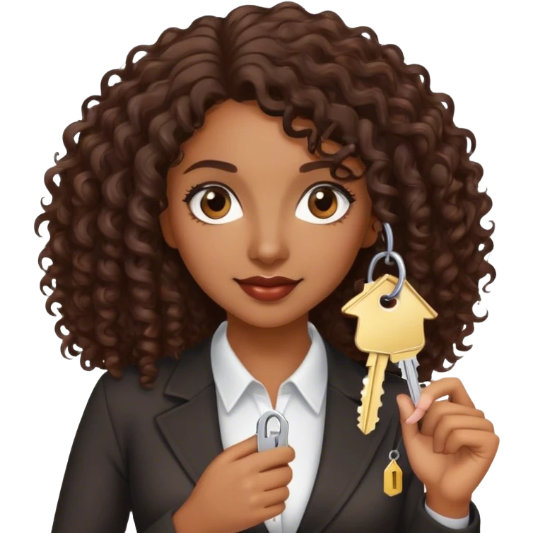 Dark brown lady with medium brown mid length curly hair in real estate job with house and keys emoji