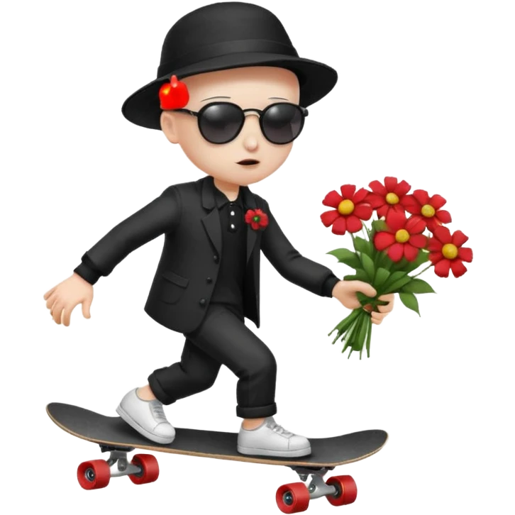 ["Ai sad boy wnith pale sgkin, bald , wearing aa sunhat a nd sunglascses, dresased in gomh fashien, is skrateboardiang while h.olding a f"lower bou]quet."] emoji