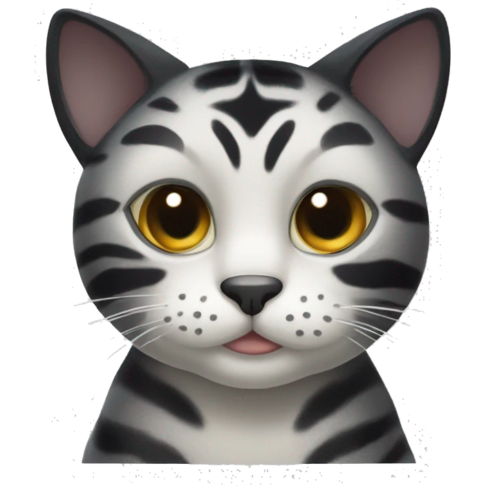 Black tiger cat with white dot on mouth, white neck, cozy emoji