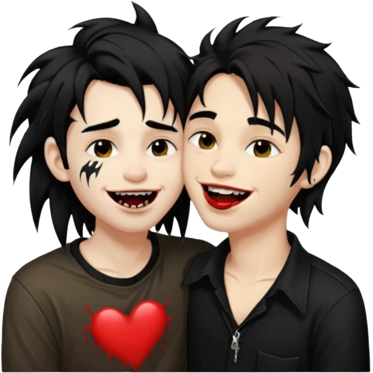 Laughing pale Goth boy with a bunch of face piercings, with shaggy dark brown hair, and messy black eyeliner , smudged, red, lipstick , kissing tan boy with long black hair  emoji