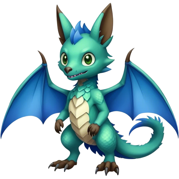 Cute cool fantasy animal hybrid bat-Sergal-Digimon-Fakemon full body, green scales, brown eyes, blue feathers emoji