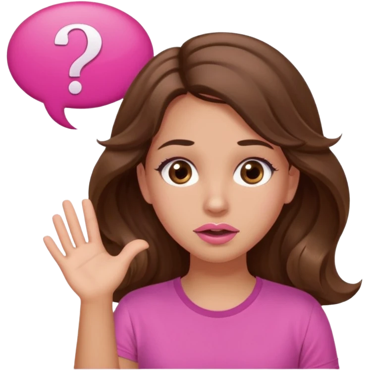 girl with long wavy brown hair, brown eyes, light to medium complexion, in a pink shirt, pink lips, long lashes, shugging, question mark one speech bubble emoji
