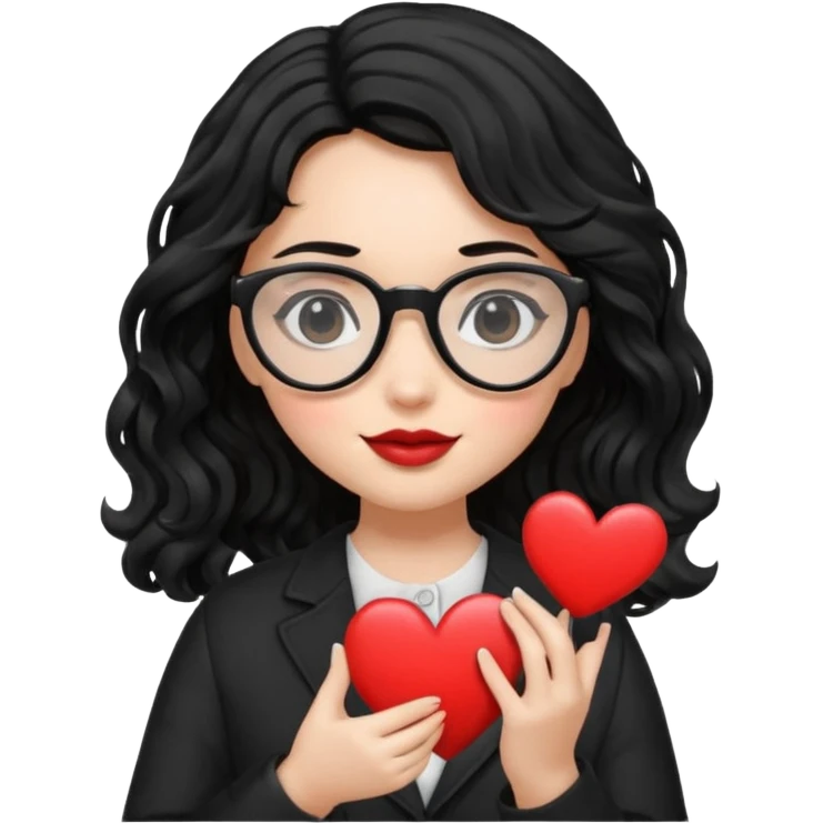 niña con pelo ondulado color negro con lentes negros y tenga un corazon en la mano emoji