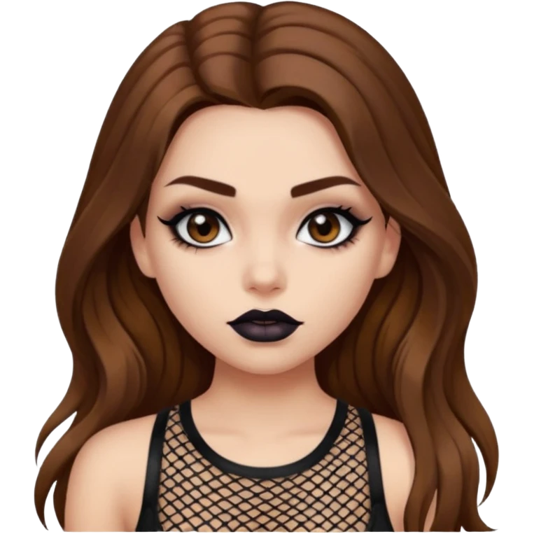 a pretty bratz fair girl with brown long hair styled well, looking like a baddie in a fishnet top and dark brown hair and black lipstick emoji