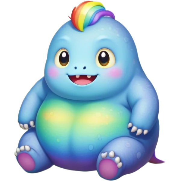 Kawaii derpy fat rainbow monster sitting in a magic field, rich textures, visually detailed, so lifelike that it feels like it could leap off the page at any moment emoji