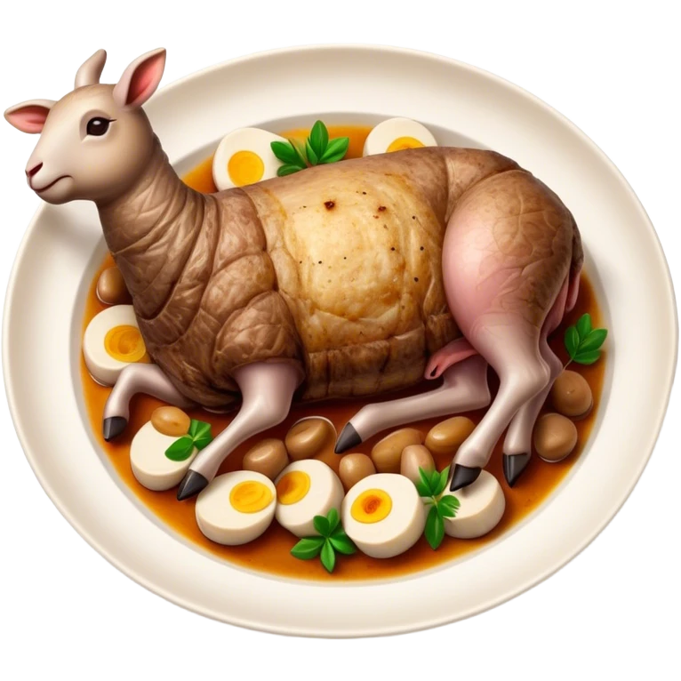 Roast Lamb Cinematic Realistic Roast Lamb Dish Emoji, depicted as thinly sliced roast lamb arranged artfully on a plate, rendered with rich textures and warm, inviting lighting. emoji