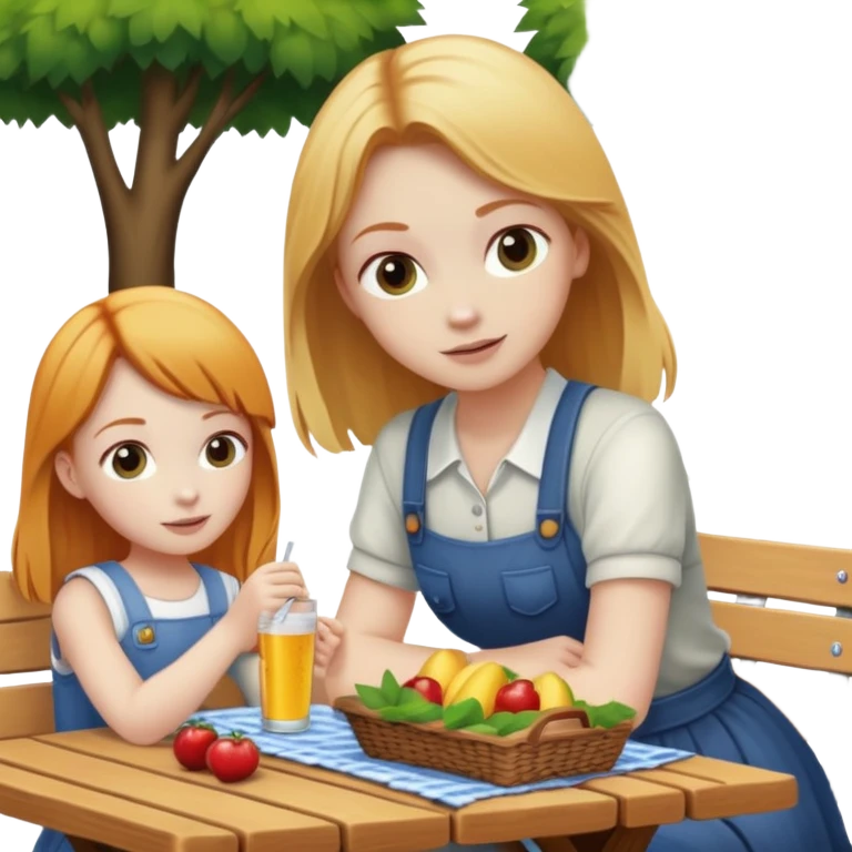 Picnic table with blonde girl and ginger girl emoji