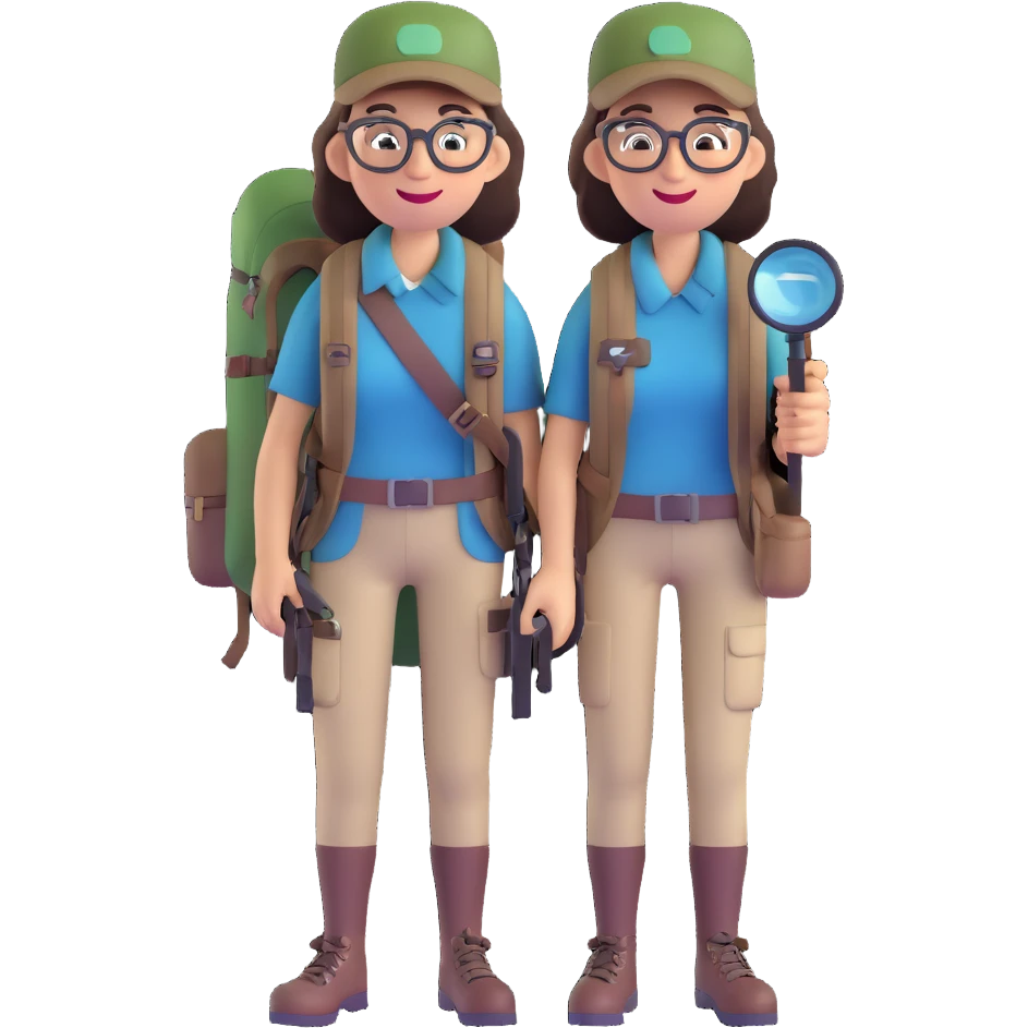 Happy female explorer with glasses, hiking outfit, backpack, holding a single magnifying glass emoji
