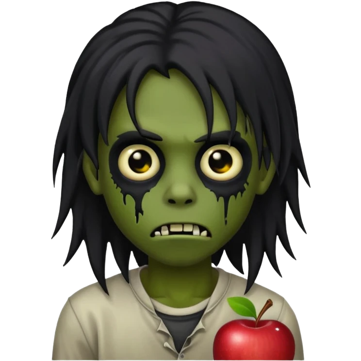 boy zombie, human-like, black emo long hair, creepy, black eyes, dark skin, Apple iPhone emoji style emoji