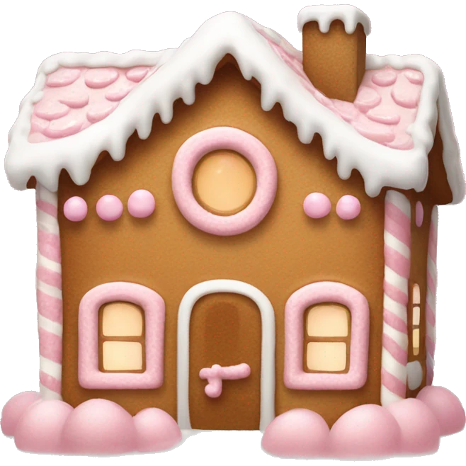 Cute light brown gingerbread house with white icing and light pink accents emoji
